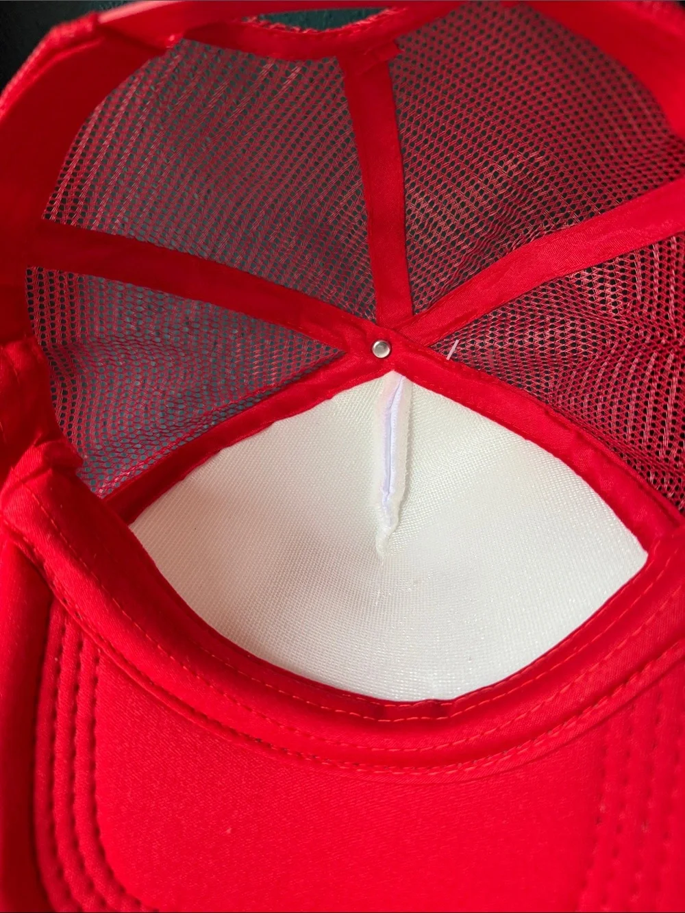 Red and White Trucker Hat with Skeleton Heart Patch